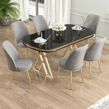 Set masa si scaune (7 piese), Hanah Home, Lai, Marmura neagra / Auriu / Gri imagine