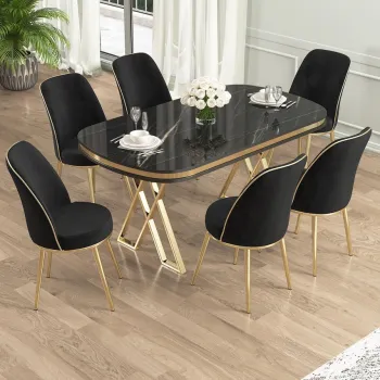 Set masa si scaune (7 piese), Hanah Home, Lai, Marmura neagra / Auriu / Negru imagine
