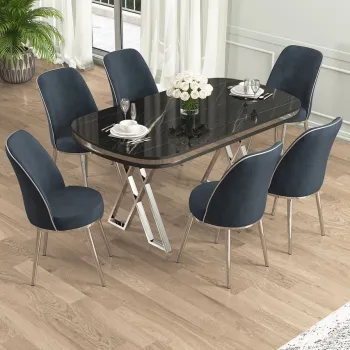 Set masa si scaune (7 piese), Hanah Home, Lai, Marmura neagra / Crom / Antracit imagine