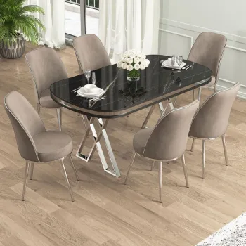 Set masa si scaune (7 piese), Hanah Home, Lai, Marmura neagra / Crom / Cappuccino imagine