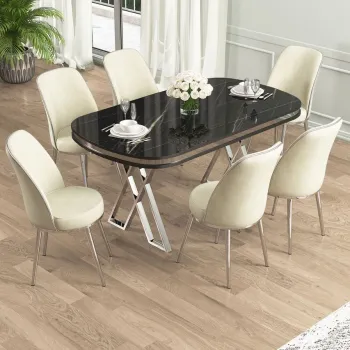 Set masa si scaune (7 piese), Hanah Home, Lai, Marmura neagra / Crom / Crem imagine