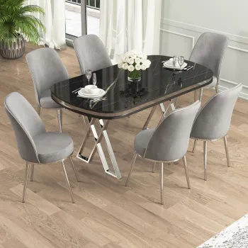 Set masa si scaune (7 piese), Hanah Home, Lai, Marmura neagra / Crom / Gri imagine