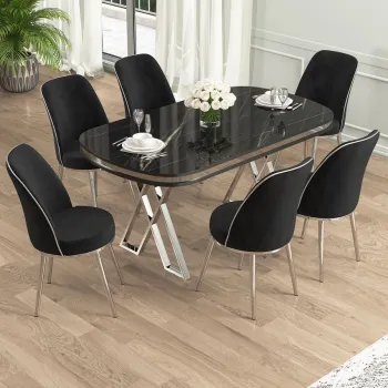 Set masa si scaune (7 piese), Hanah Home, Lai, Marmura neagra / Crom / Negru imagine