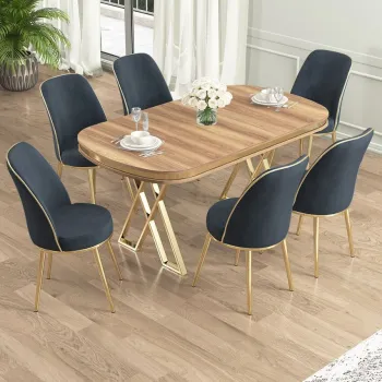 Set masa si scaune (7 piese), Hanah Home, Lai, Nuc deschis / Auriu / Antracit imagine