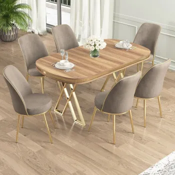 Set masa si scaune (7 piese), Hanah Home, Lai, Nuc deschis / Auriu / Cappuccino imagine