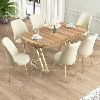 Set masa si scaune (7 piese), Hanah Home, Lai, Nuc deschis / Auriu / Crem imagine