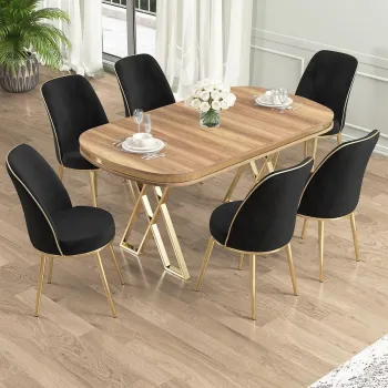 Set masa si scaune (7 piese), Hanah Home, Lai, Nuc deschis / Auriu / Negru imagine