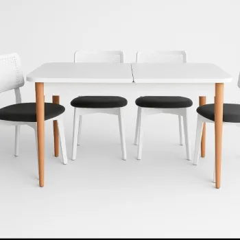 Set masa si scaune extensibile (5 bucati), Fairfax, Lina, Alb lemn / Negru imagine