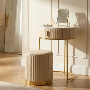 Set masuta dressing si taburet, Mauro Ferretti, Pok, 52x52x70 cm, lemn de pin/piele ecologica, alb/auriu imagine