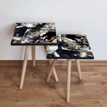 Set masute 2 piese, Leona, 2SHP159, Negru / Auriu / Alb imagine