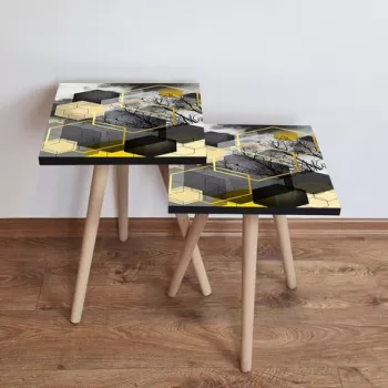 Set masute 2 piese, Leona, 2SHP162, Negru / Auriu / Bej / Gri imagine