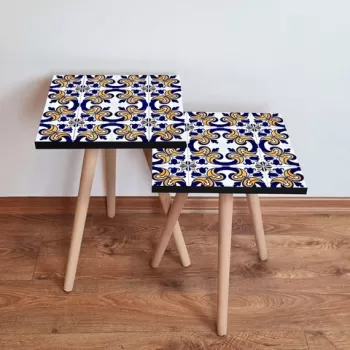 Set masute 2 piese, Leona, 2SHP26, Bleumarin / Alb / Galben imagine