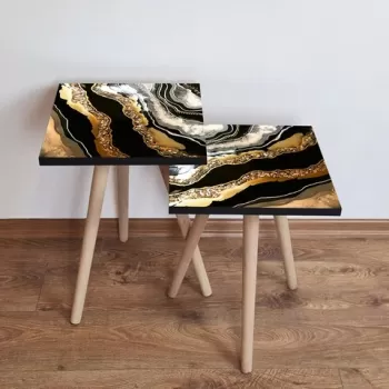 Set masute 2 piese, Leona, 2SHP292, Negru / Auriu / Alb imagine