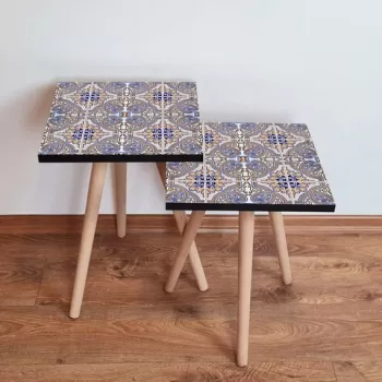 Set masute 2 piese, Leona, 2SHP34, Bej / Bleumarin / Galben imagine