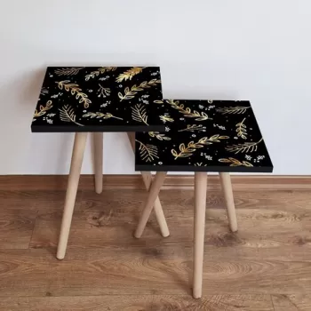 Set masute 2 piese, Leona, 2SHP382, Negru / Auriu / Alb imagine