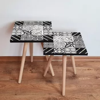 Set masute 2 piese, Leona, 2SHP384, Negru / Alb / Auriu imagine