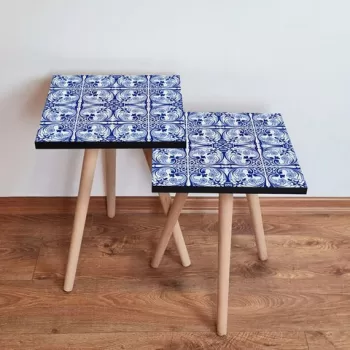 Set masute 2 piese, Leona, 2SHP42, Bleumarin / Albastru / Alb imagine