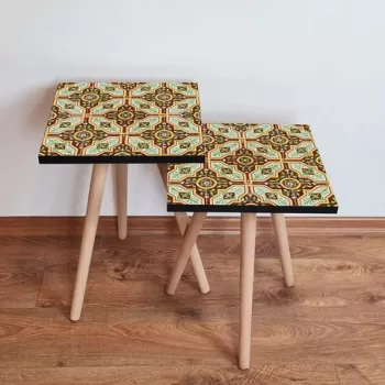 Set masute 2 piese, Leona, 2SHP44, Maro / Verde / Galben / Alb imagine