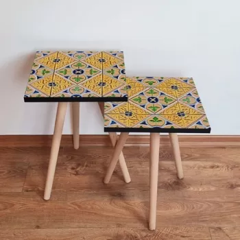 Set masute 2 piese, Leona, 2SHP46, Galben / Bej / Verde / Albastru Marin imagine