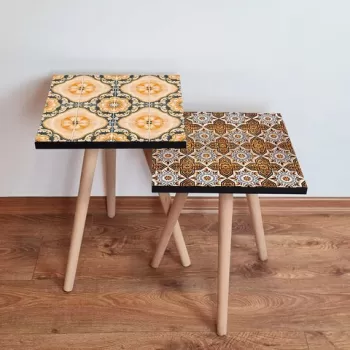 Set masute 2 piese, Leona, 2SHP467, Portocaliu / Alb / Negru / Gri imagine