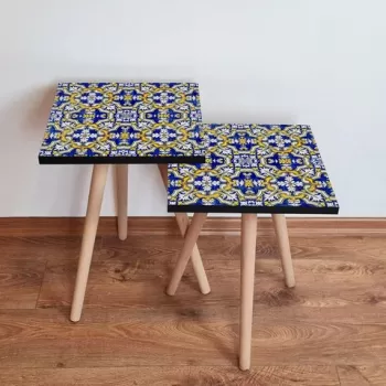 Set masute 2 piese, Leona, 2SHP47, Bleumarin / Albastru / Galben imagine