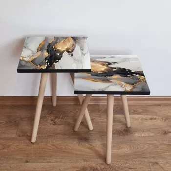 Set masute 2 piese, Leona, 2SHP83, Alb / Auriu / Negru imagine