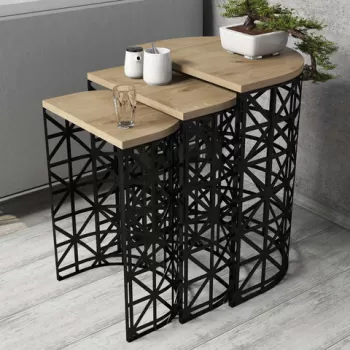 Set masute 3 piese, Hommy Craft, Stil Metal Ferforje, Stejar / Negru imagine