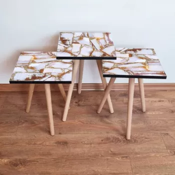 Set masute 3 piese, Leona, 3SHP106, Alb / Auriu / Maro imagine