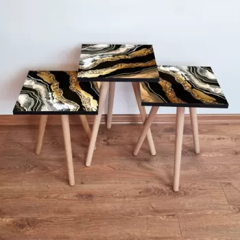 Set masute 3 piese, Leona, 3SHP109, Negru / Auriu / Alb imagine