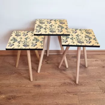 Set masute 3 piese, Leona, 3SHP11, Bej / Albastru / Negru / Alb imagine