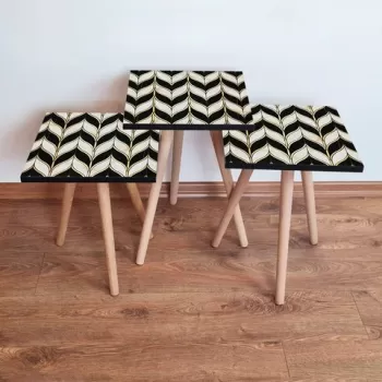 Set masute 3 piese, Leona, 3SHP130, Alb / Negru / Auriu imagine