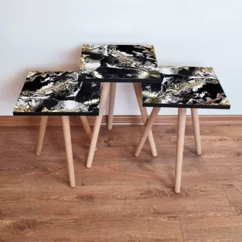 Set masute 3 piese, Leona, 3SHP159, Negru / Alb / Auriu imagine