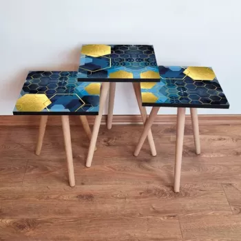 Set masute 3 piese, Leona, 3SHP160, Bleumarin / Albastru / Auriu imagine