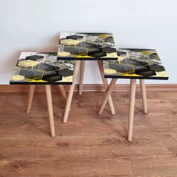 Set masute 3 piese, Leona, 3SHP162, Negru / Gri / Auriu imagine