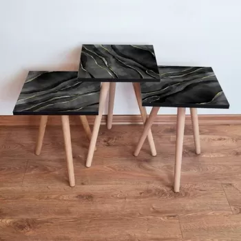 Set masute 3 piese, Leona, 3SHP164, Negru / Gri / Auriu imagine