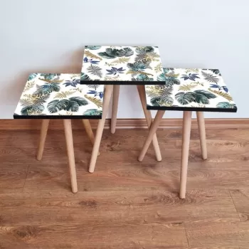 Set masute 3 piese, Leona, 3SHP217, Bej / Verde / Auriu / Bleumarin imagine