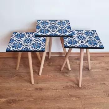 Set masute 3 piese, Leona, 3SHP23, Bleumarin / Albastru / Crem imagine