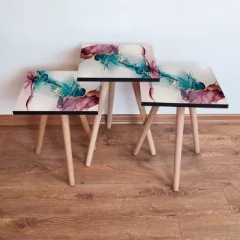 Set masute 3 piese, Leona, 3SHP230, Roz / Albastru / Crem / Alb imagine