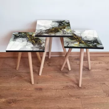 Set masute 3 piese, Leona, 3SHP233, Alb / Gri / Auriu / Mustar imagine