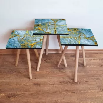 Set masute 3 piese, Leona, 3SHP235, Albastru / Auriu imagine