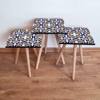 Set masute 3 piese, Leona, 3SHP26, Alb / Bleumarin / Galben imagine