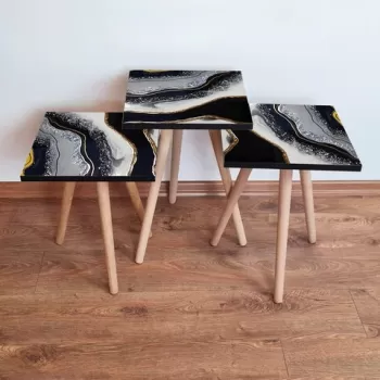 Set masute 3 piese, Leona, 3SHP285, Alb / Negru / Gri imagine