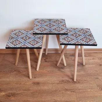 Set masute 3 piese, Leona, 3Shp32, Albastru marin / Albastru / Rosu bordeaux imagine