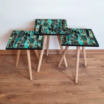 Set masute 3 piese, Leona, 3Shp387, Albastru / Verde / Auriu / Negru imagine