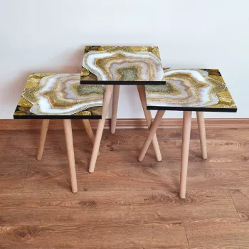 Set masute 3 piese, Leona, 3Shp78, Bej / Auriu / Alb / Negru imagine