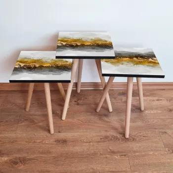 Set masute 3 piese, Leona, 3Shp81, Alb / Negru / Auriu imagine