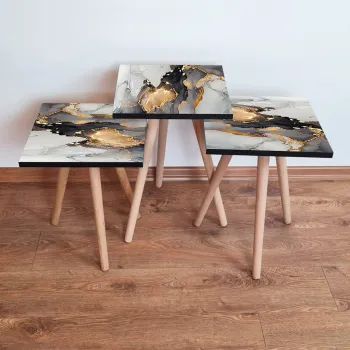 Set masute 3 piese, Leona, 3Shp83, Negru / Alb / Auriu imagine