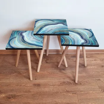 Set masute 3 piese, Leona, 3Shp89, Bleumarin / Albastru / Auriu / Alb imagine