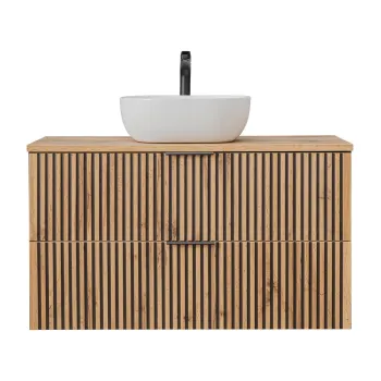 Set mobiler baie, dulap cu lavoar, 100 cm, Xilo, Comad, MDF/PAL laminat, stejar wotan/ gri piatra imagine