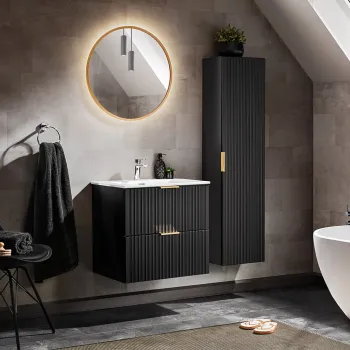 Set mobilier Adel Black 60 cm, dulap inalt, masca cu lavoar si oglinda, Comad, MDF/PAL, negru imagine